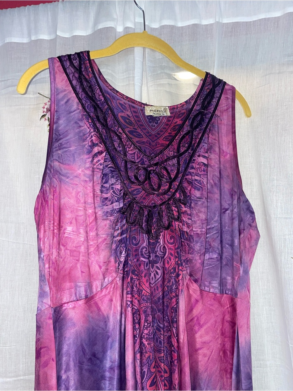 ONE WORLD Purple and Pink Sleeveless Boho Dress with Lace Detail